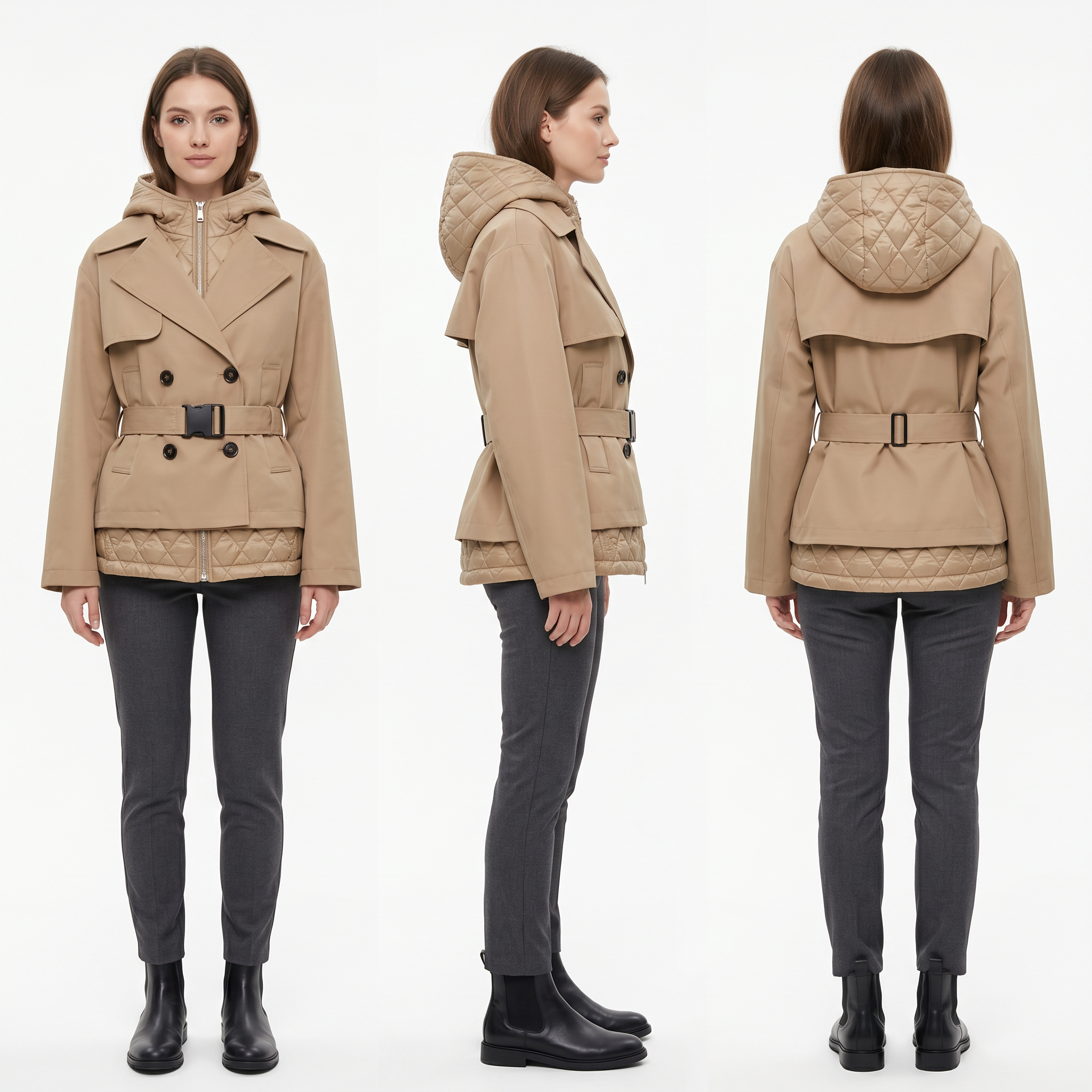 Women’s 2-in-1 Convertible Trench Coat – Removable Quilted Vest, Water-Repellent Twill, Belted Waist, Hooded