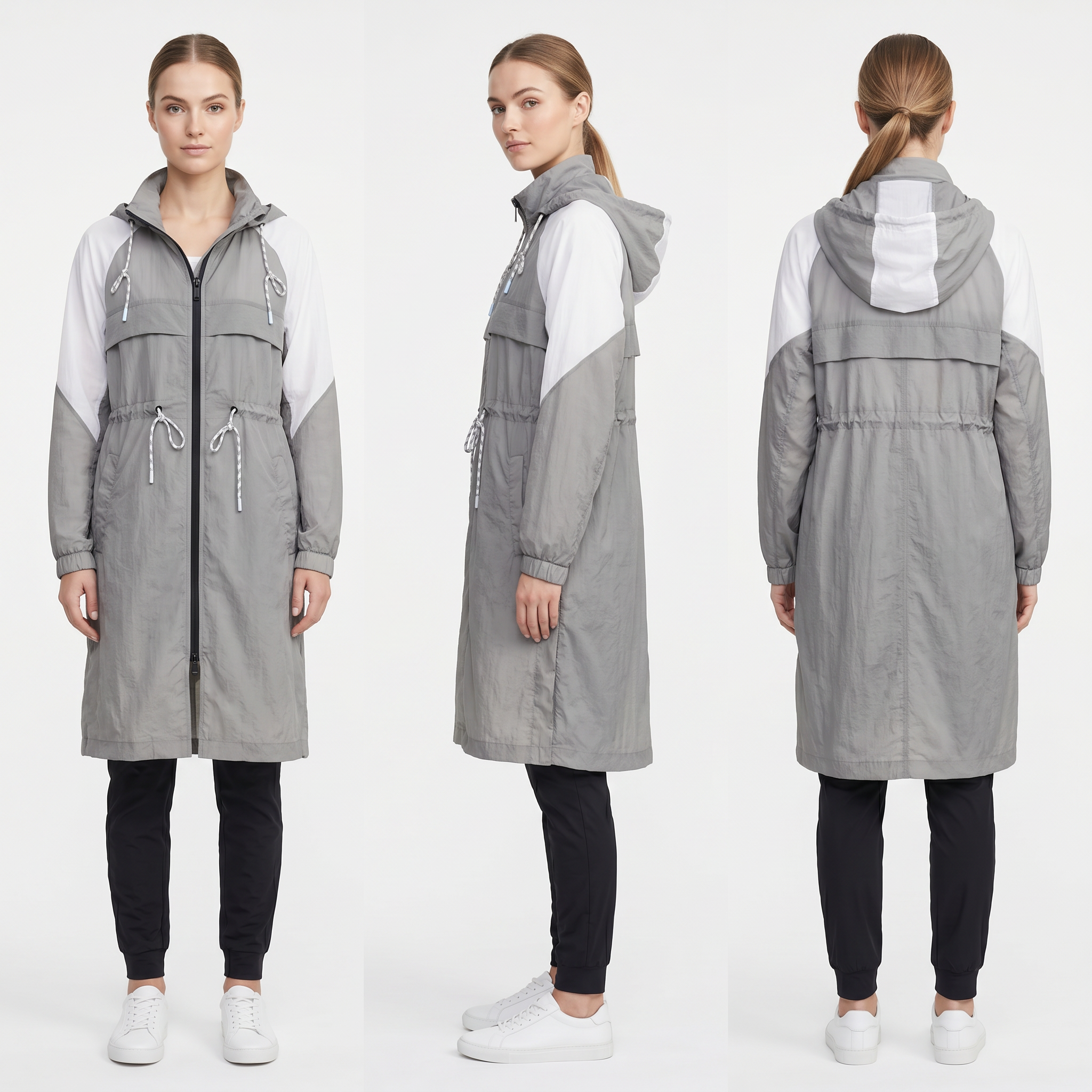 Women’s Long Color-Blocked Nylon Anorak – Adjustable Waist, Water-Repellent, Everyday Adventure