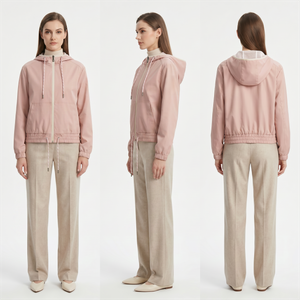 Women’s Pastel Pink Hooded Anorak Jacket – Tweed-Mixed Woven, Water-Repellent, Casual Parisian Style