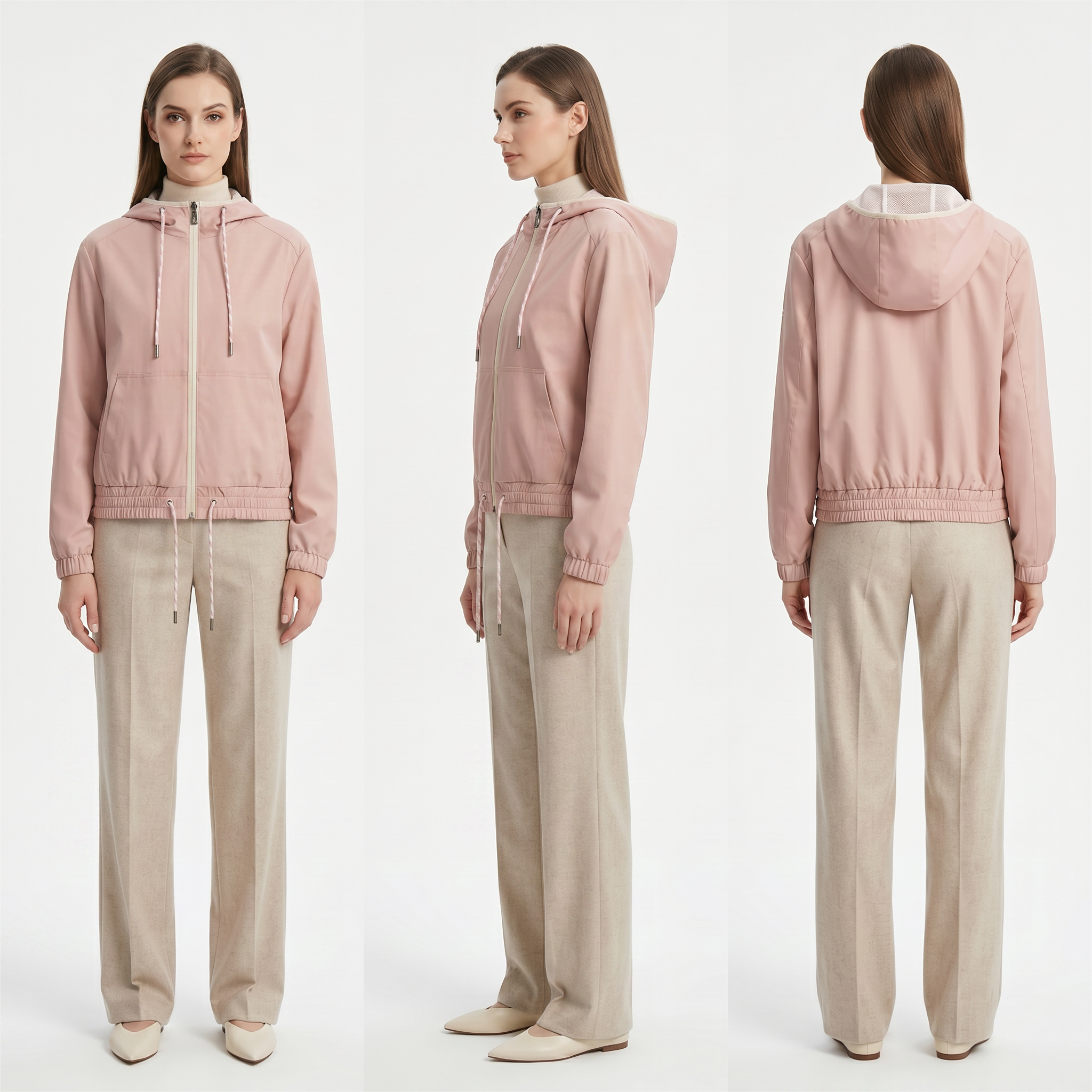 Women’s Pastel Pink Hooded Anorak Jacket – Tweed-Mixed Woven, Water-Repellent, Casual Parisian Style