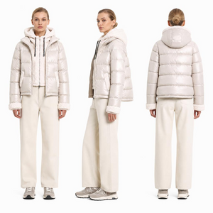 Shiny Hooded Cropped Padded Jacket | Faux Two-Piece Teddy Fleece Lining Silver White