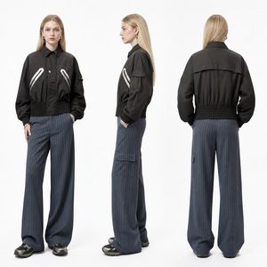 Classic Black PU-Accent Bomber Jacket: Women’s Hidden Snaps & Wide Elastic Hem