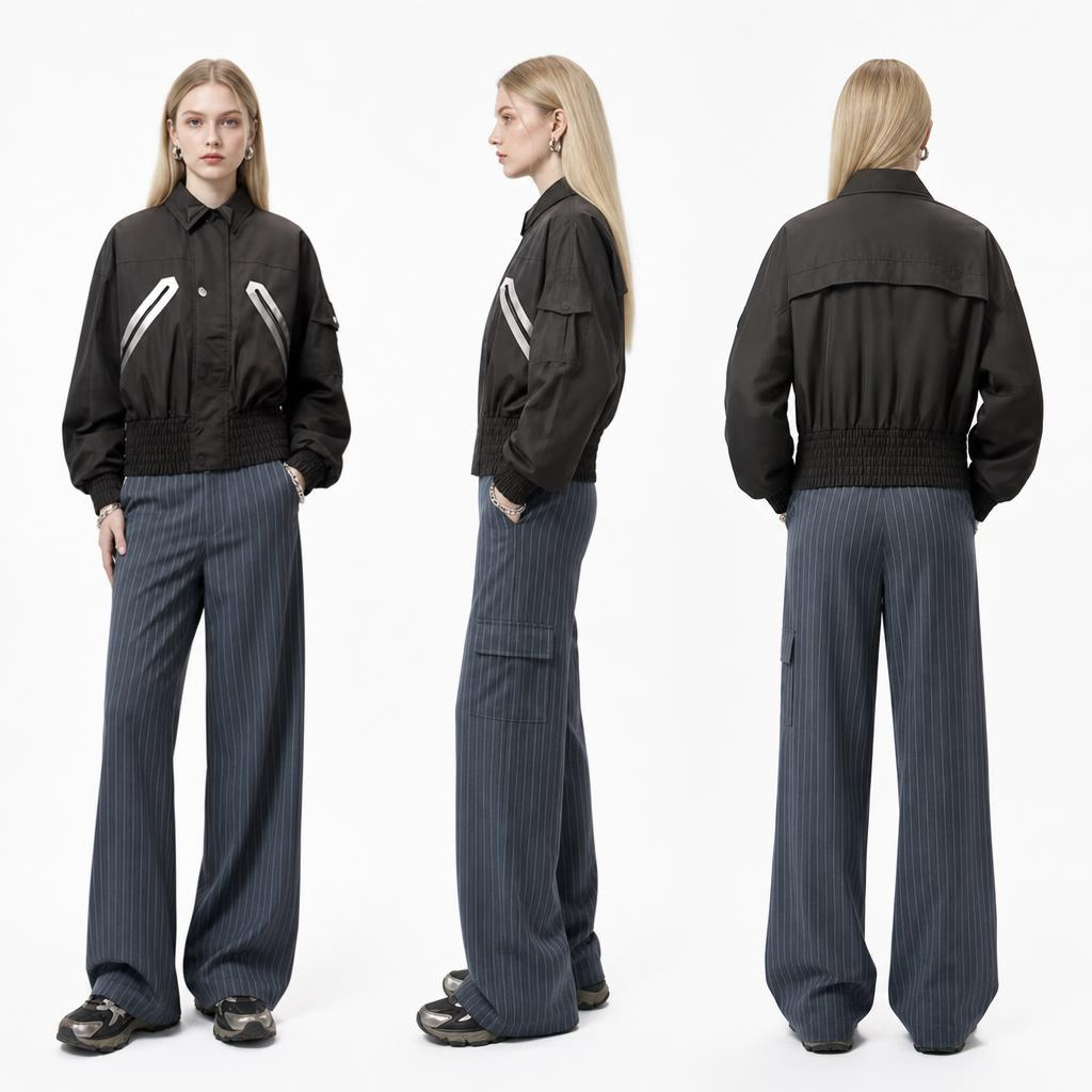 Classic Black PU-Accent Bomber Jacket: Women’s Hidden Snaps & Wide Elastic Hem