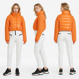 Women’s Bright Orange Quilted Cropped Down Jacket: Windproof Cuffs & Contrast Zipper Detail
