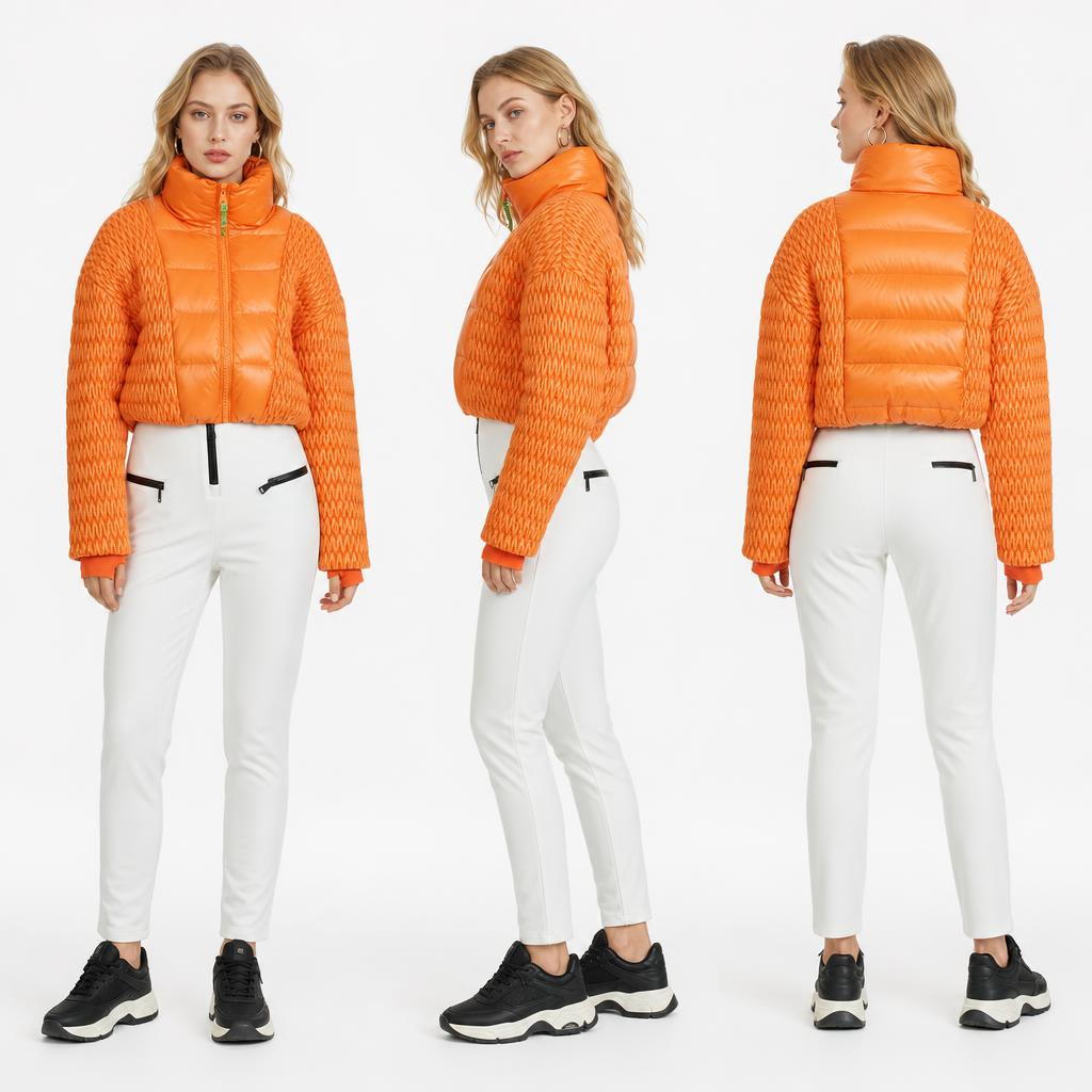 Women’s Bright Orange Quilted Cropped Down Jacket: Windproof Cuffs & Contrast Zipper Detail