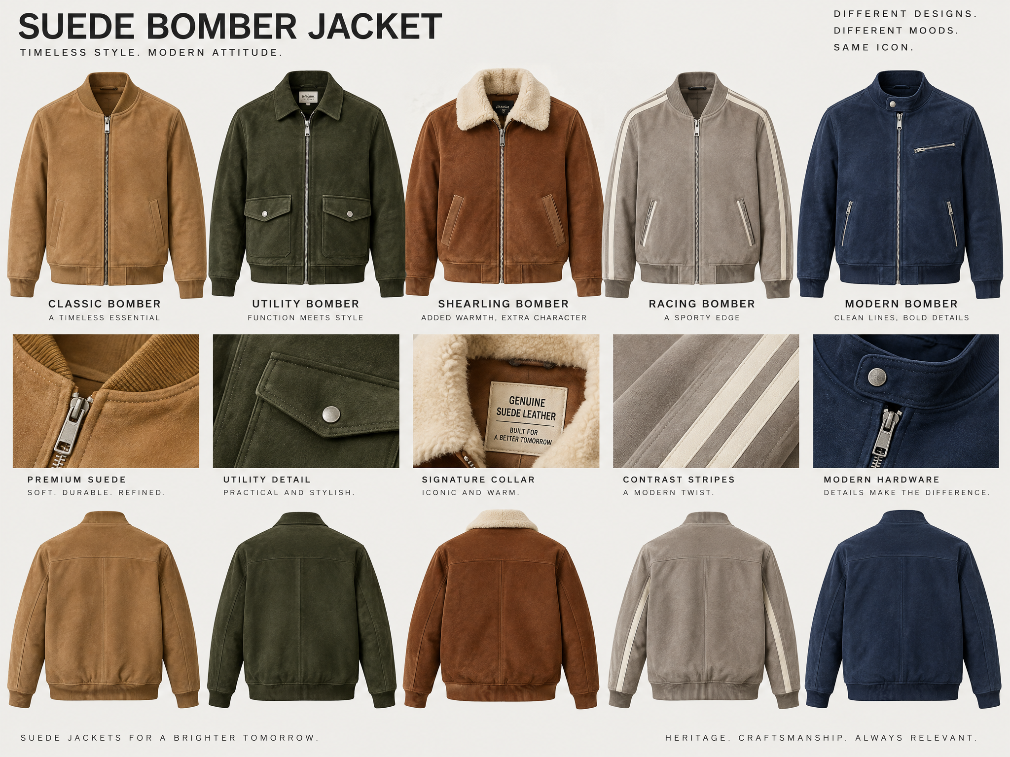 生成不同设计的不同款式的 Bomber _ 飞行员款款式的Suede Jacket，色调清晰明亮，全英文.png