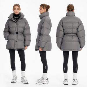 Gray Celebrity-Inspired Waist-Cinching Mid-Length Women’s Down Jacket: Stand-Collar & Wrinkle-Free Nylon