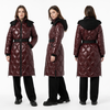 Lacquer & Matte Mixed Long Puffer Coat with Detachable Hood & Curved Quiltings