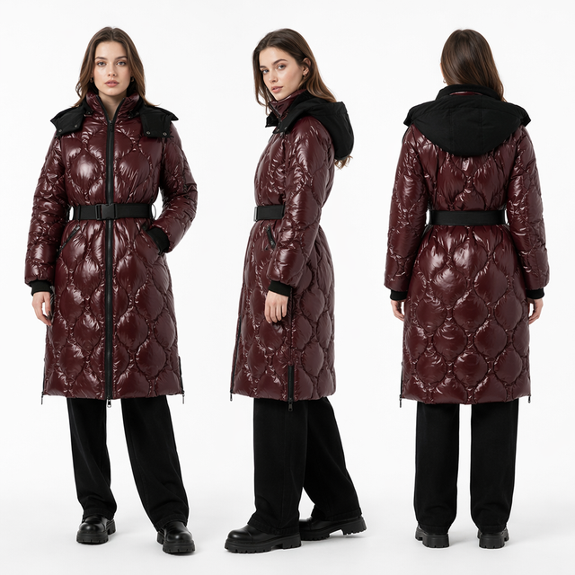 Lacquer & Matte Mixed Long Puffer Coat with Detachable Hood & Curved Quiltings