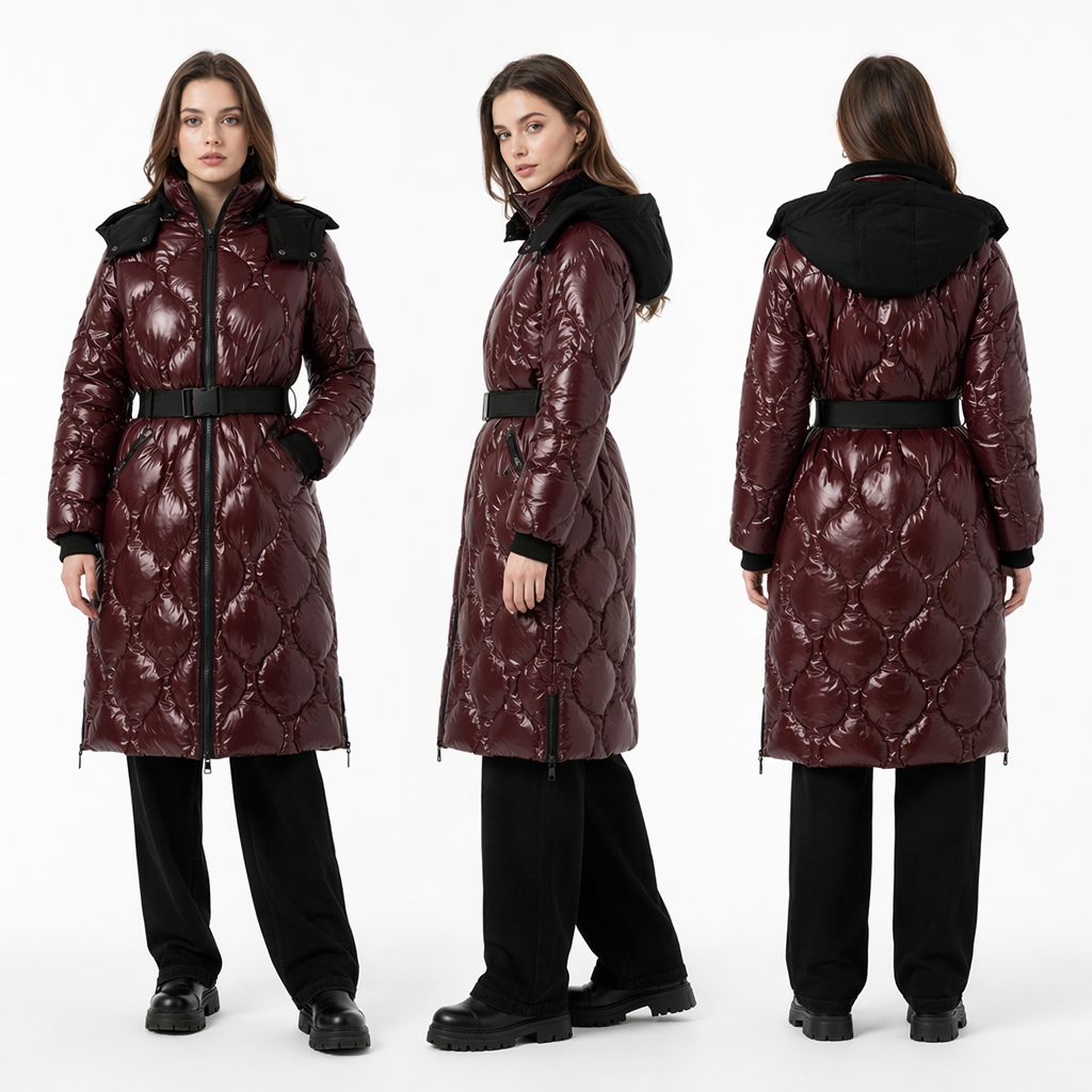 Lacquer & Matte Mixed Long Puffer Coat with Detachable Hood & Curved Quiltings