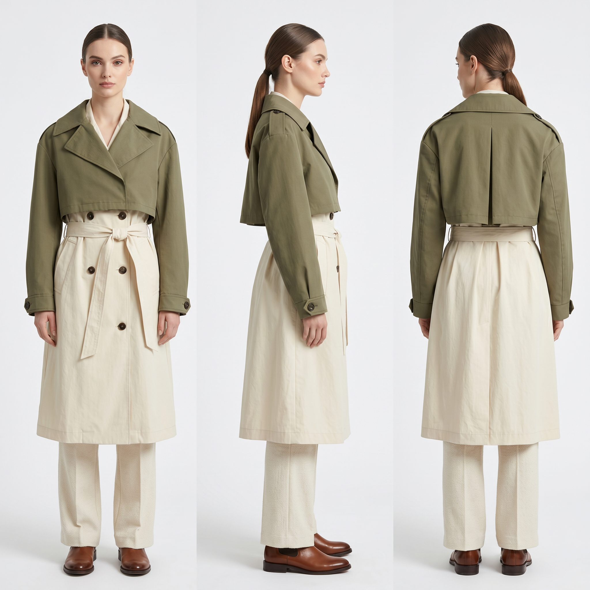 Long 3-in-1 Trench Coat – Dropped Shoulders, Blazer Collar, Color-Mixed Design for Business & Casual Layers