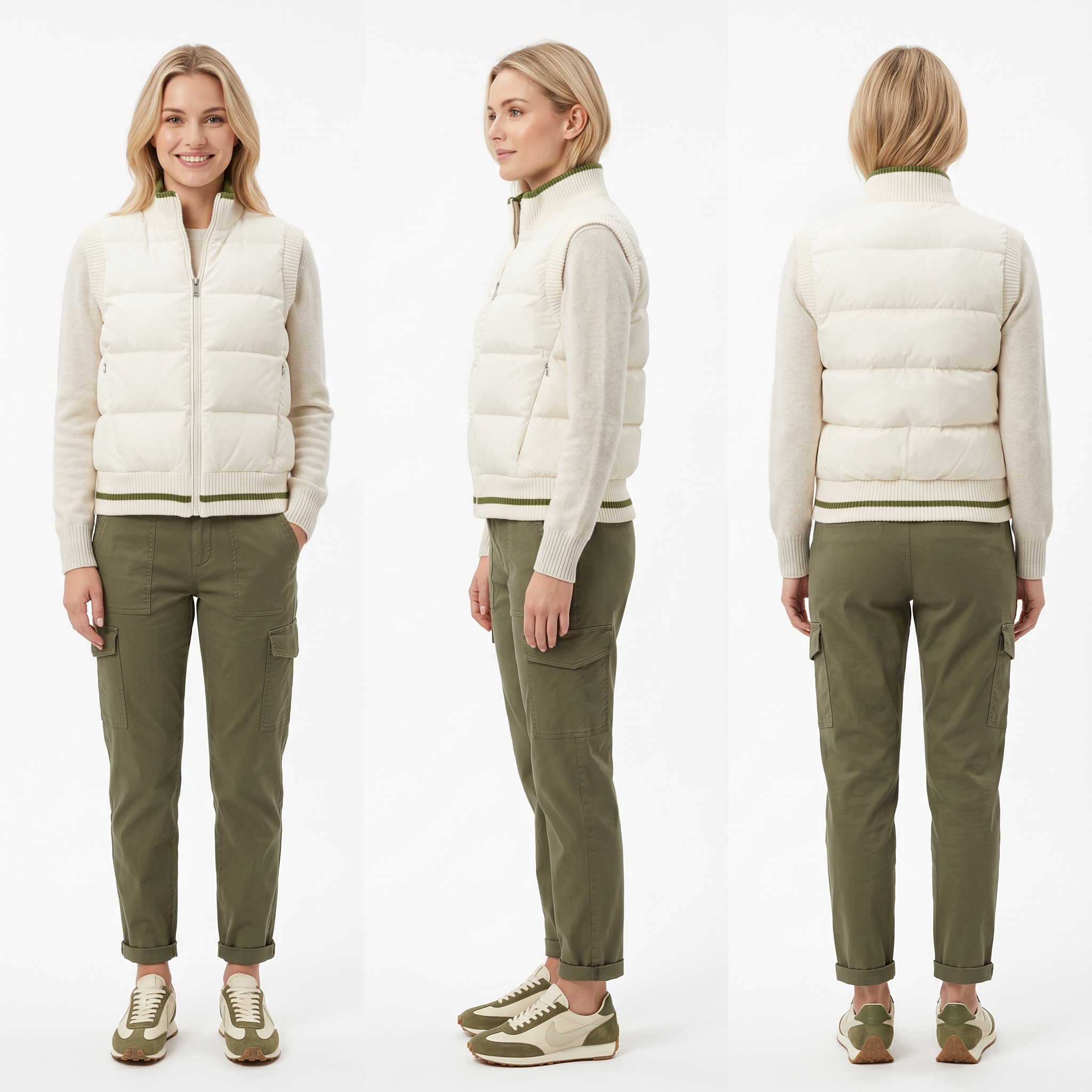 Women’s Knit-Trimmed Water-Repellent Puffer Vest – Mixed Woven-Knit Fabric, Contrast Stripe Details, Packable Fake Down