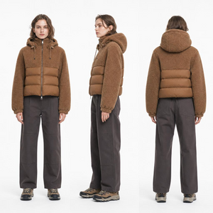 Cropped Hooded Spliced Padded Jacket | Teddy Fleece Quilted Caramel Brown
