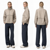 Beige Two-Fabric Patchwork Customizable Jacket: Women’s Jacquard Word Panel & Hidden Hood