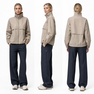 Beige Two-Fabric Patchwork Customizable Jacket: Women’s Jacquard Word Panel & Hidden Hood