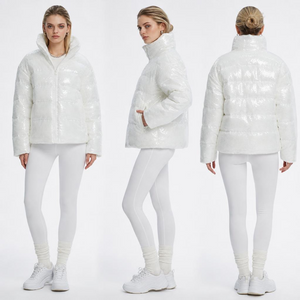 Women’s Oversized Sequin Puffer Jacket: Stand-Collar & Lightweight Fake Down