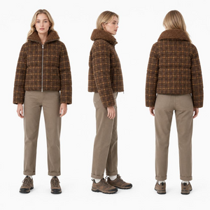 Women Cropped Vintage Plaid Puffer Jacket | Teddy Fleece Collar Winter Coat
