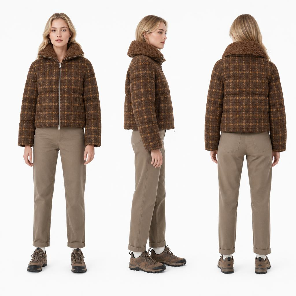 Women Cropped Vintage Plaid Puffer Jacket | Teddy Fleece Collar Winter Coat