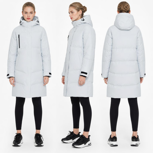 Women’s Light Gray Waterproof Long Hooded Ski Down Jacket: Magnetic Closure & Breathable Protection