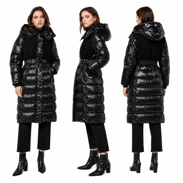 Tweed & Lacquer Long Puffer Coat: Oversized Adjustable Hood & Structured Belt 