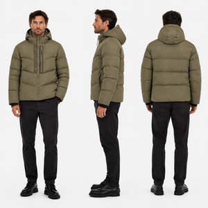 Men’s Wrinkle Textured Nylon Short Puffer Coat | Adjustable Elastic Hood Multi Zipper Pockets Water Repellent Winter Jacket