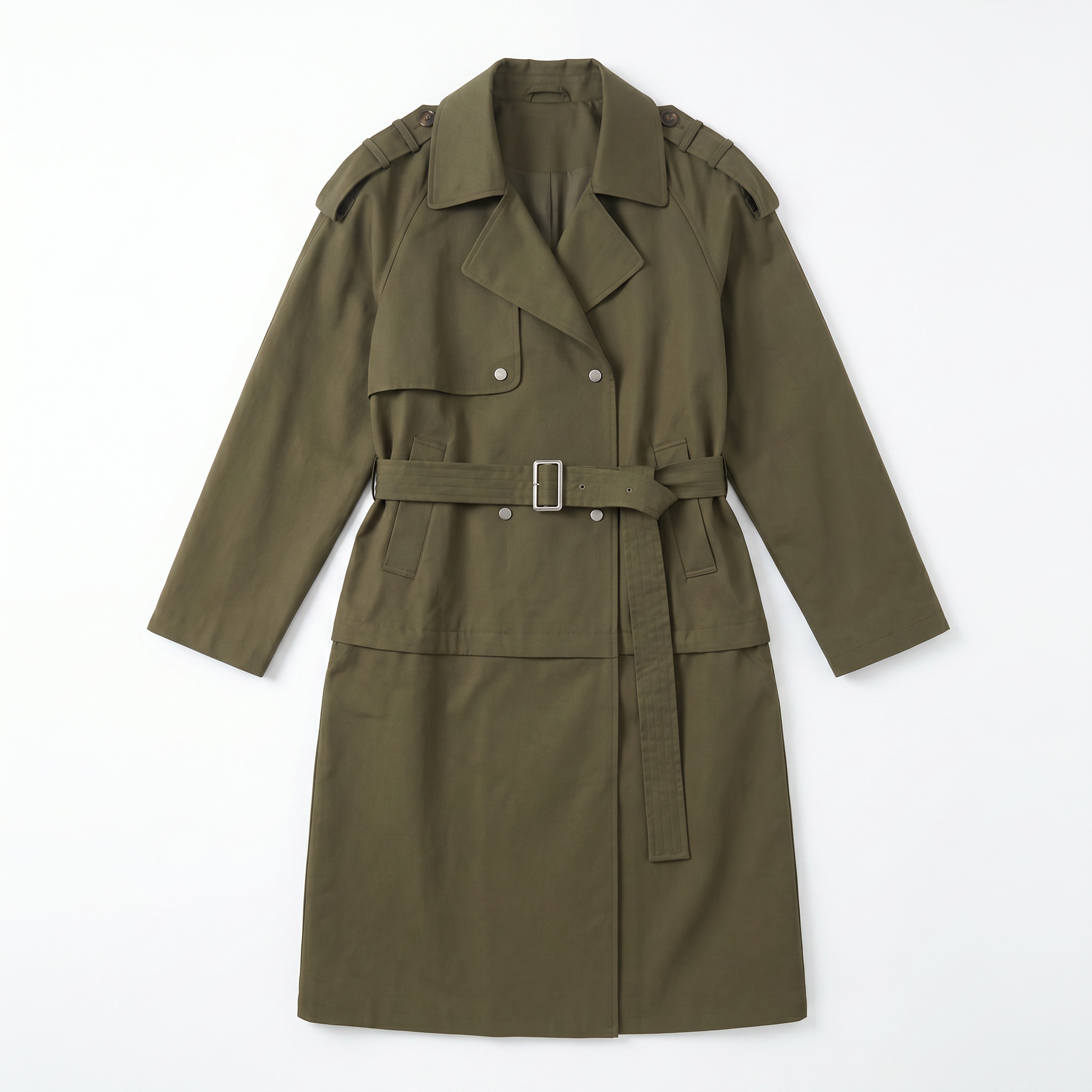 Long 2-in-1 Trench Coat – Detachable Bottom, Dropped Shoulders, Blazer Collar, Converts from Long Trench to Short Jacket