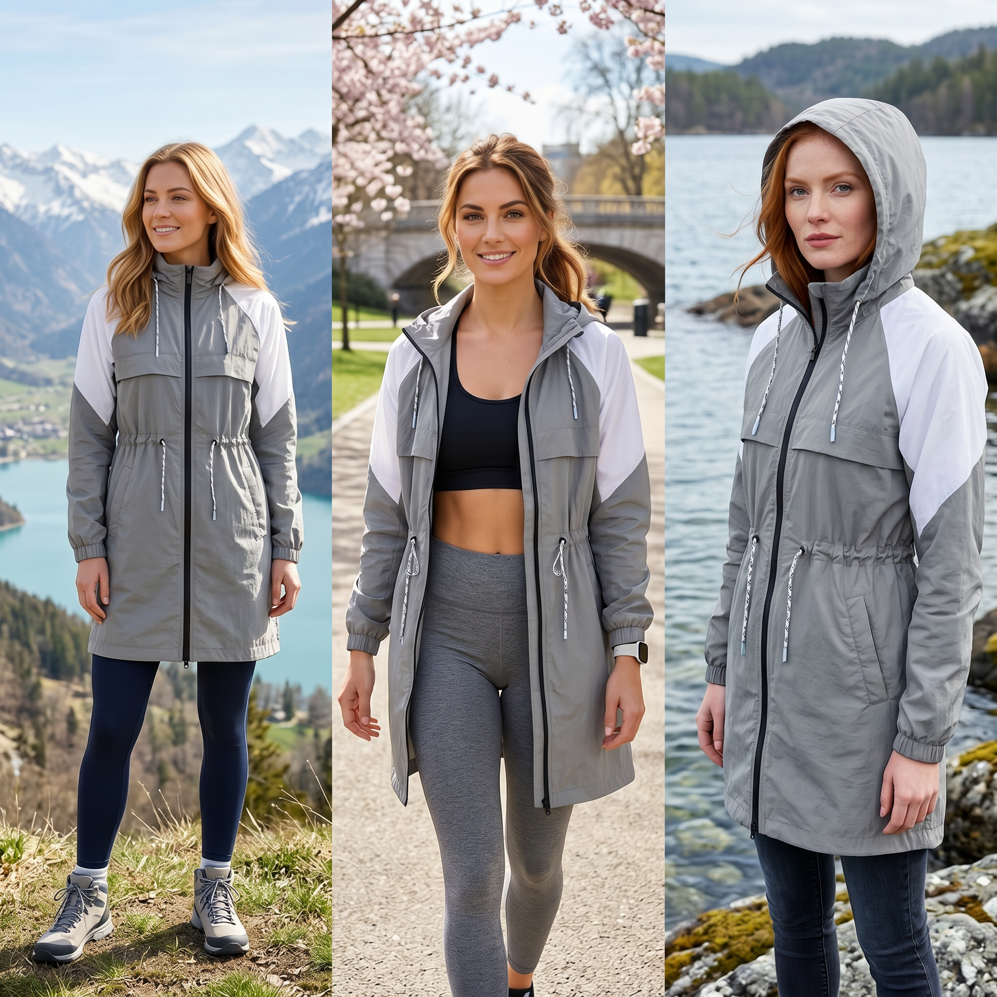 Women’s Long Color-Blocked Nylon Anorak – Adjustable Waist, Water-Repellent, Everyday Adventure