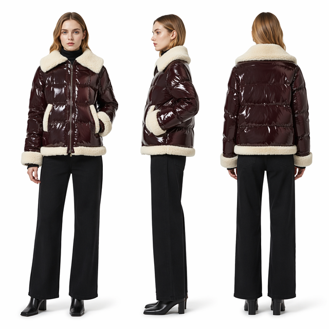 Luxury Fur - Trimmed Lacquer Short Puffer Coat for Women - Vintage - Modern Winter Outerwear