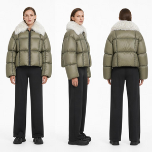 Matte Olive Green Boxy Cropped Puffer | Oversized Fluffy White Fur Collar Winter Jacket