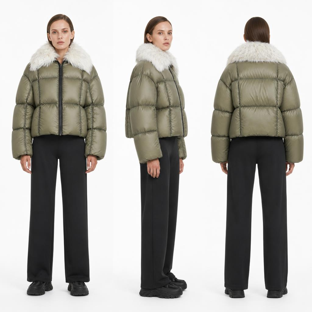 Matte Olive Green Boxy Cropped Puffer | Oversized Fluffy White Fur Collar Winter Jacket