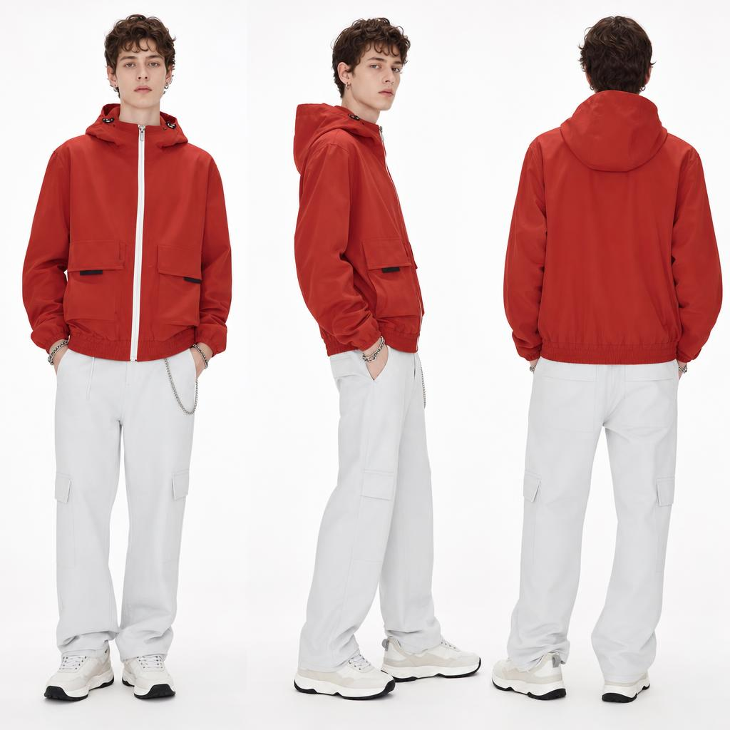 Bright Red Reflective Patchwork Casual Jacket: Men’s Recycled Poly & Night-Safety Design