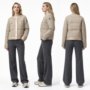 Beige Tweed-Pearled Nylon Patchwork Jacket: Women’s Hidden Studs & Light Horizontal Quilting