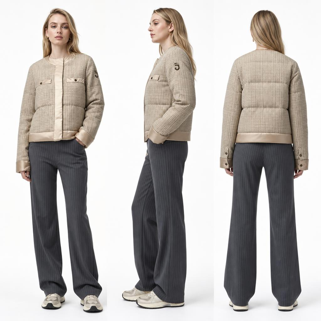 Beige Tweed-Pearled Nylon Patchwork Jacket: Women’s Hidden Studs & Light Horizontal Quilting
