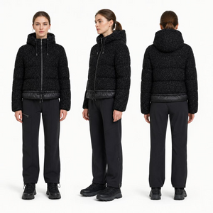 Women Boucl&eacute; Tweed Hooded Puffer Jacket | Cropped Contrast Spliced Winter Coat