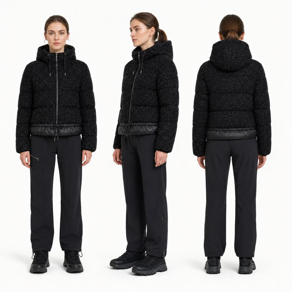 Women Boucl&eacute; Tweed Hooded Puffer Jacket | Cropped Contrast Spliced Winter Coat