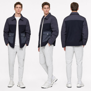 Men’s 3‑Fabric Patchwork Casual Jacket | Puffer Sleeve Water Resistant Zip Urban Collared Coat