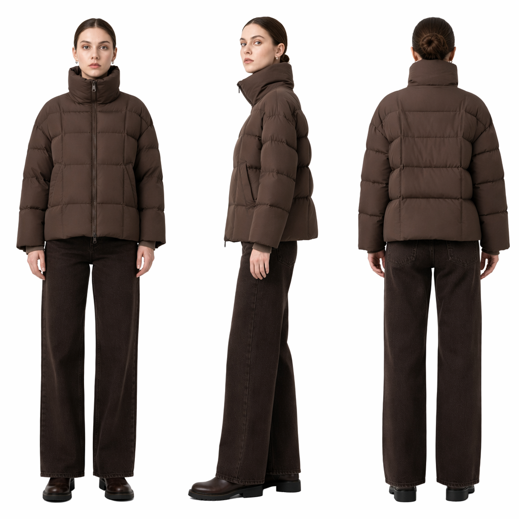 Tweed & Matte Mixed Long Puffer Coat with Adjustable Hood
