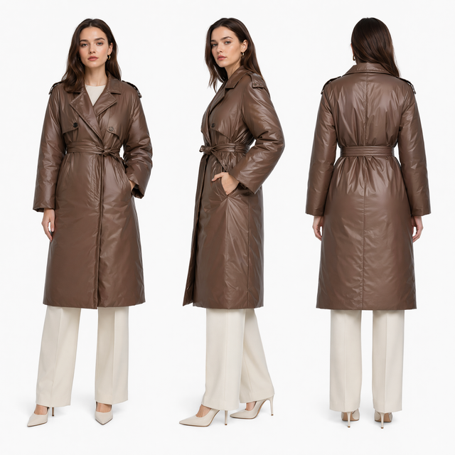 Satin Long Trench Coat: Blazer Collar, Magnetic Snaps & Adjustable Waist Belt