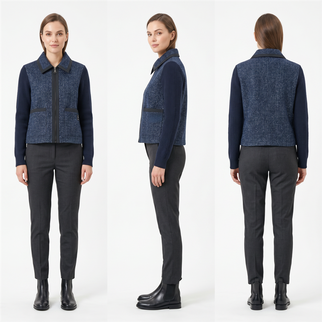 Parisian-Inspired Tweed-Knit Hybrid Jacket – Water-Repellent, Contrast Binding, Tailored Short Silhouette