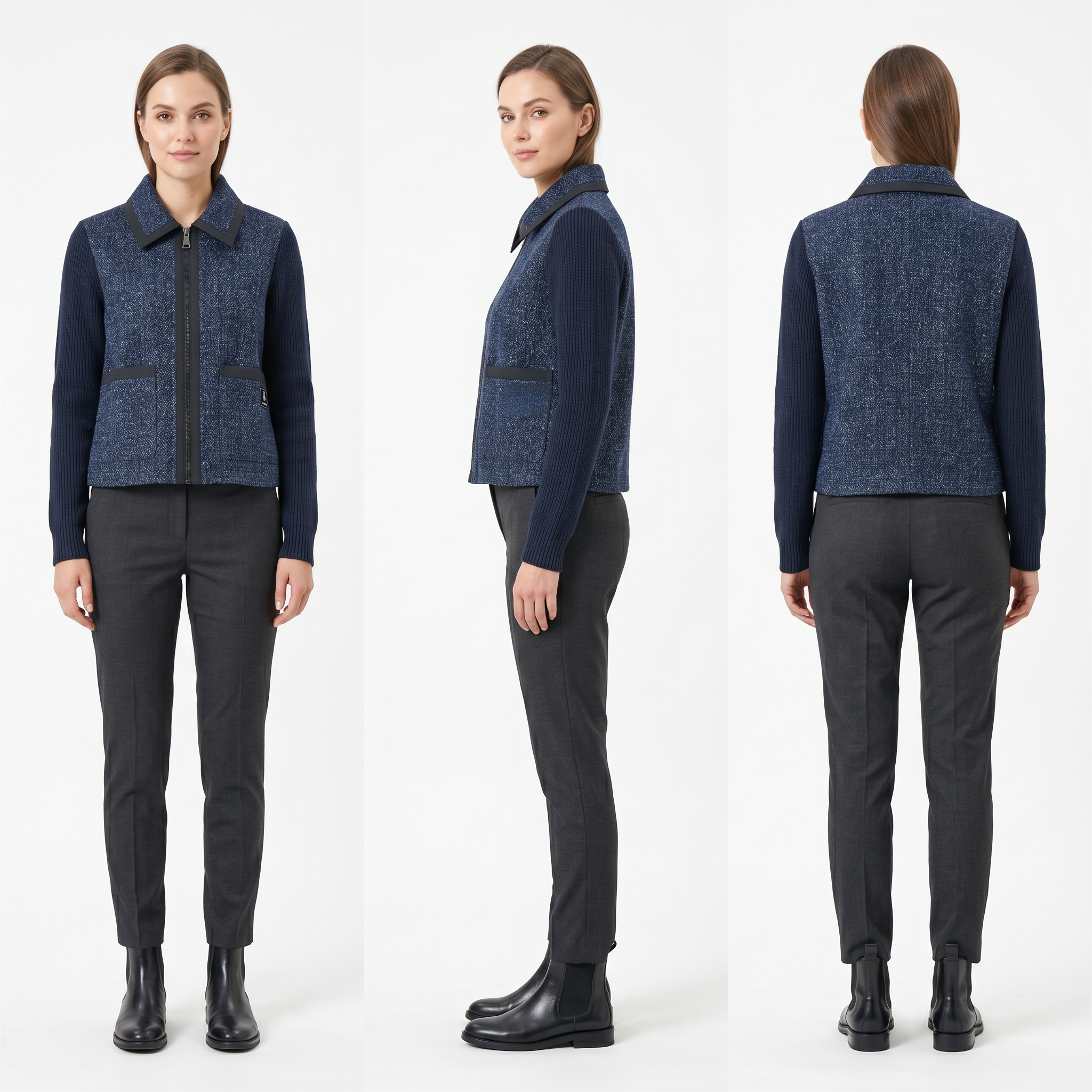 Parisian-Inspired Tweed-Knit Hybrid Jacket – Water-Repellent, Contrast Binding, Tailored Short Silhouette