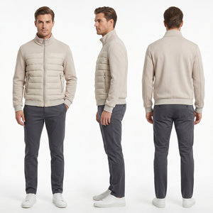 Men’s Spliced Light Padded Bomber Jacket – 3-Tier Mixed Fabric Water Repellent Transition Coat for Commute & Cycling