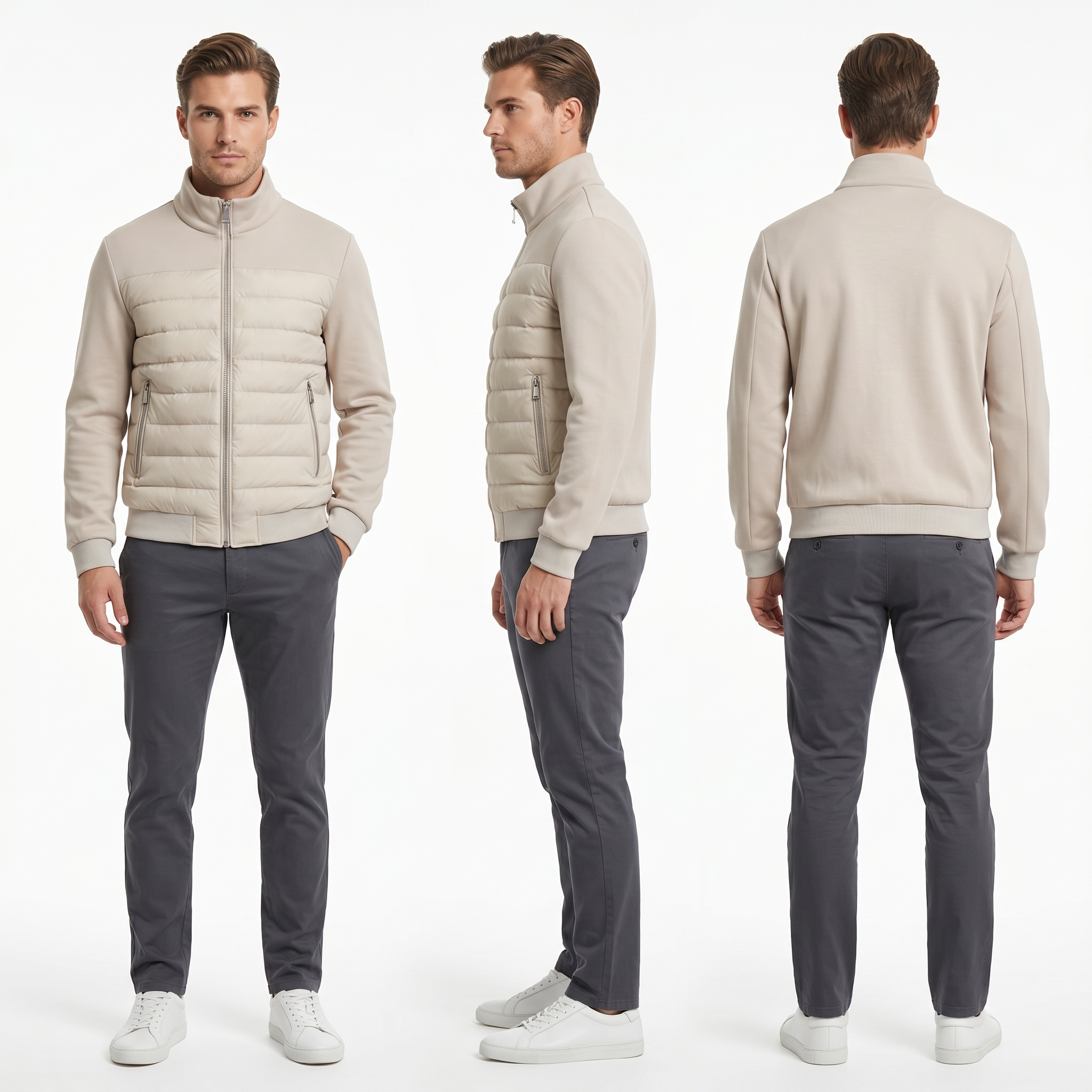 Men’s Spliced Light Padded Bomber Jacket – 3-Tier Mixed Fabric Water Repellent Transition Coat for Commute & Cycling
