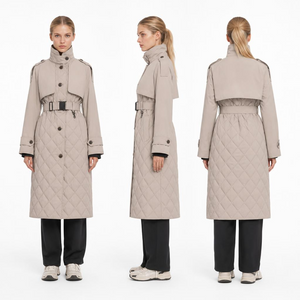 FW27 Long Diamond Quilted Trench Style Padded Coat | Belted Stand Collar Winter Coat
