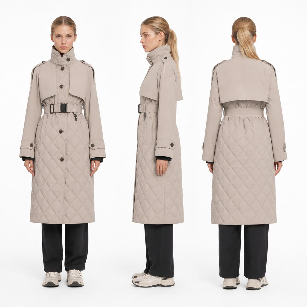 FW27 Long Diamond Quilted Trench Style Padded Coat | Belted Stand Collar Winter Coat