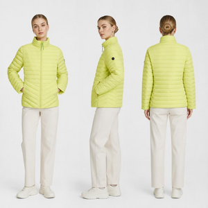 Lemon Yellow Lightweight Goose Down Coat: Women’s Hidden Seam Zipper & Contrast Tape Details