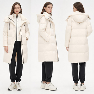 Women’s Off-White Detachable-Hood Mid-Length Down Jacket: Wrinkle-Resistant Polyester & Lightweight Fake Down