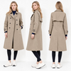 Classic Khaki Twill-Satin Patchwork Long Trench Coat: Women’s Back Satin Pleats & Adjustable Cuff Belts