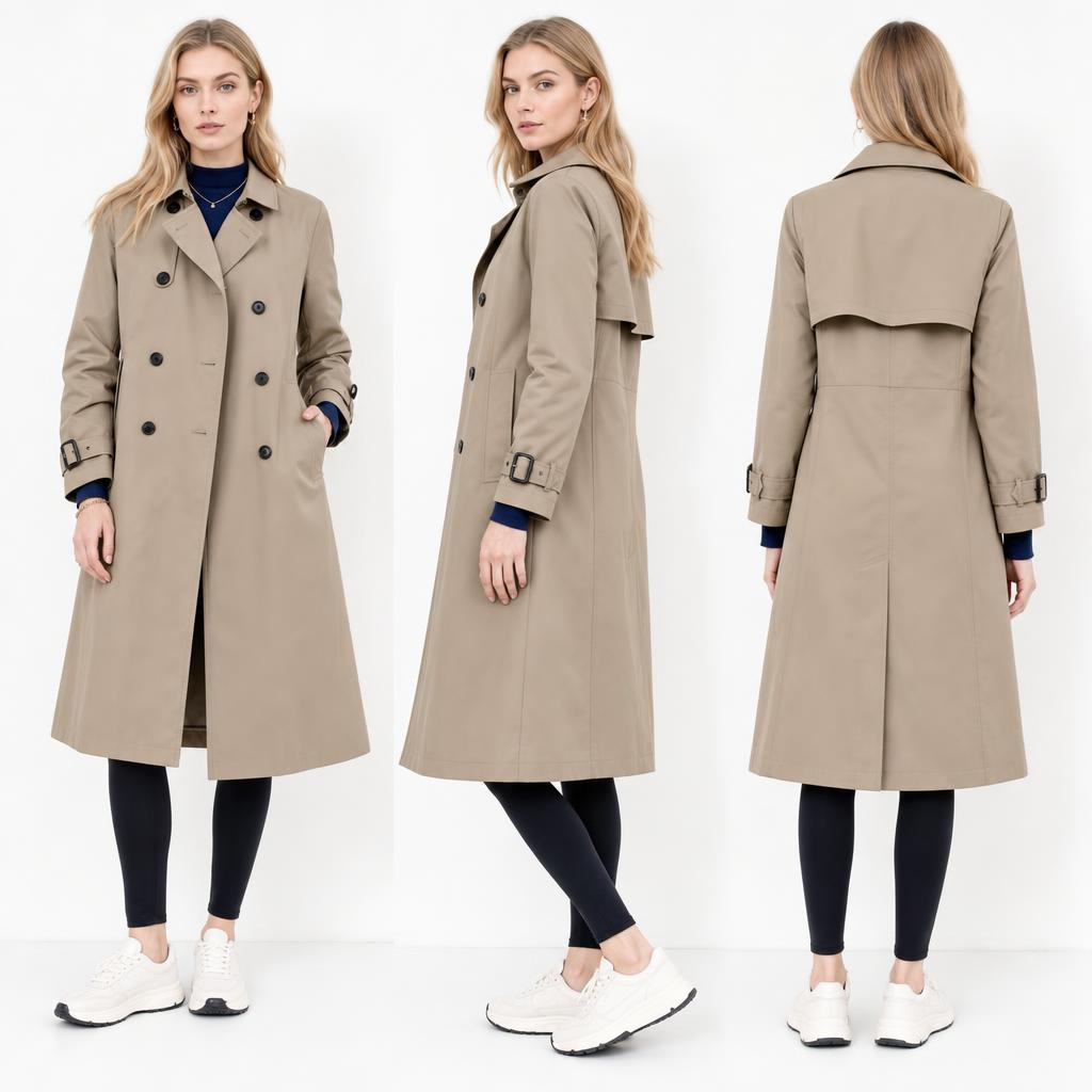 Classic Khaki Twill-Satin Patchwork Long Trench Coat: Women’s Back Satin Pleats & Adjustable Cuff Belts
