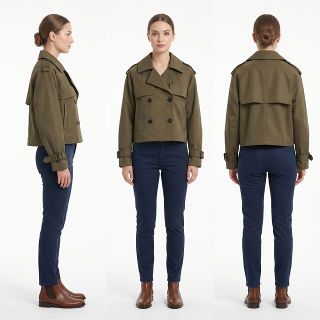Women’s Cropped Trench Coat – Short Water-Repellent Utility Jacket in Khaki