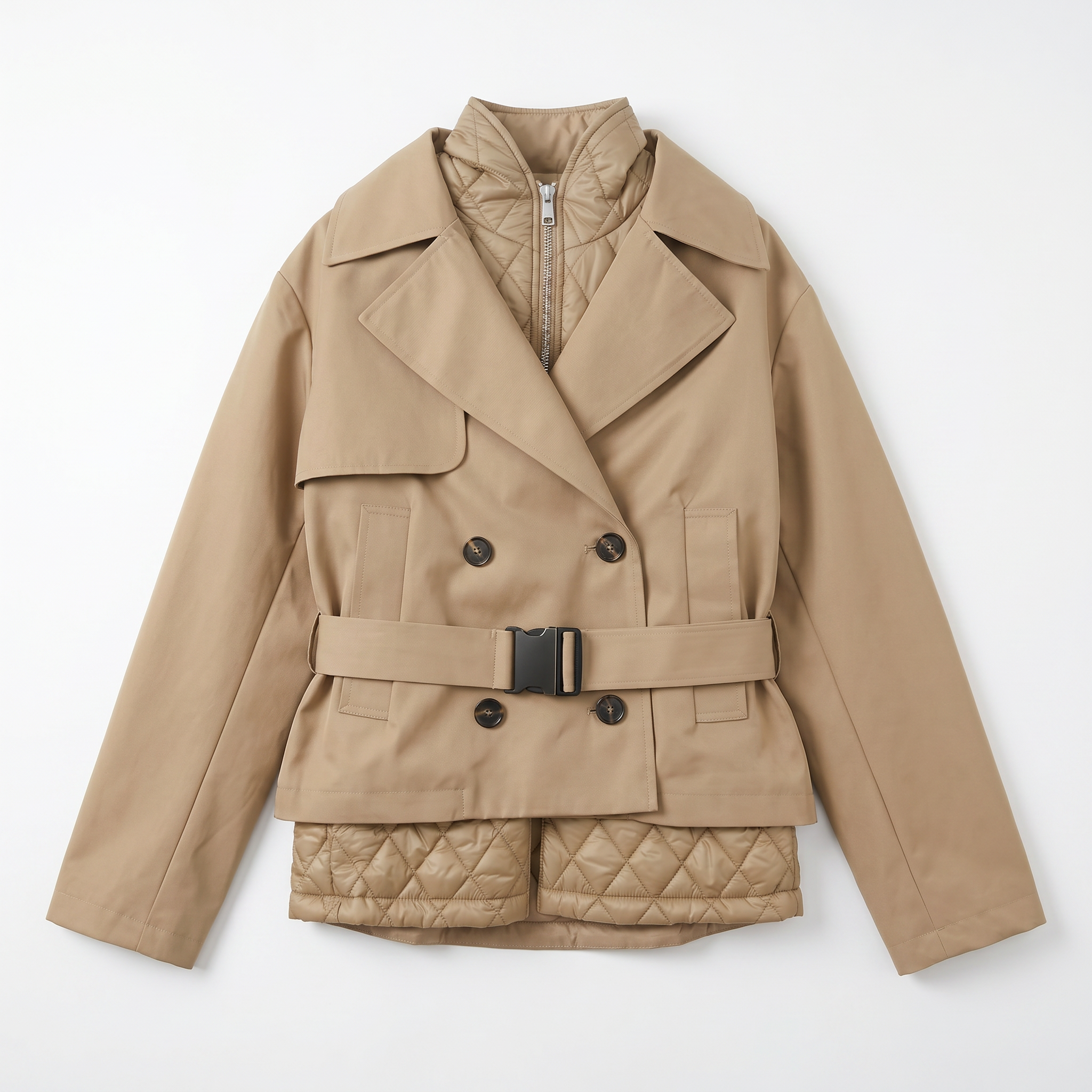 Women’s 2-in-1 Convertible Trench Coat – Removable Quilted Vest, Water-Repellent Twill, Belted Waist, Hooded